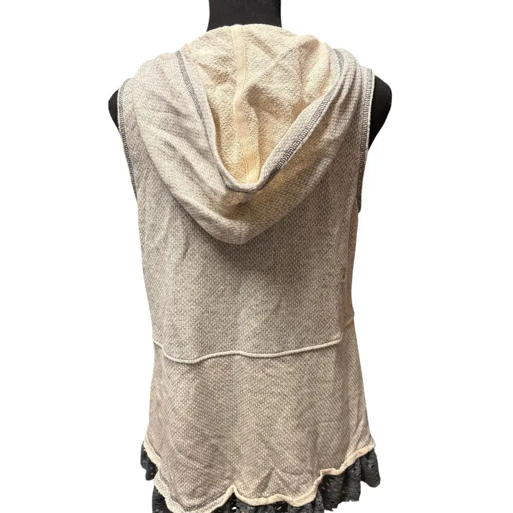 ODDY Lace Trim Hoodie Cardigan Size S Ivory Sleeveless Cotton Blend Casual Boho
